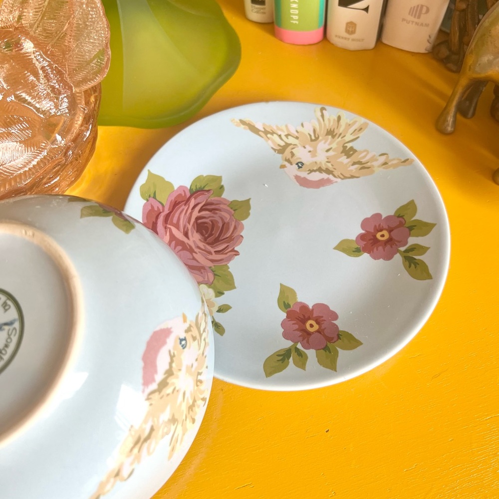 Songbird Garden by Rosie B. Farmer Bowl And Small Plate Sets Pink Blue Green - Picture 12 of 13